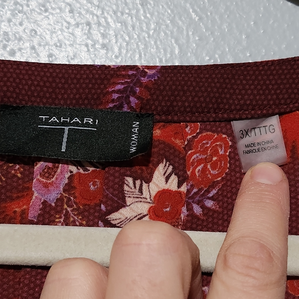 TAHARI Blouse Women's Plus Size 3X Burgundy Floral Boho Romantic Top - Picture 4 of 9